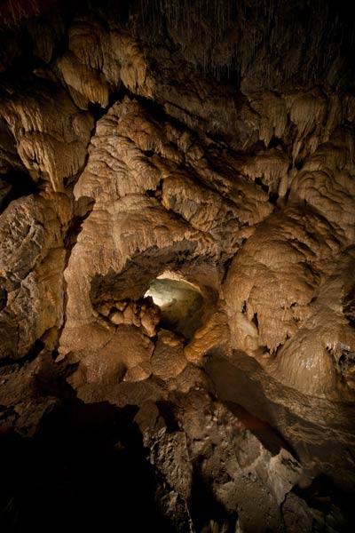 The Grotto chamber inside Rat's Nest Cave, Canmore Alberta — densely decorated with stalactites, stalagmites, flowstone and curtain speleothems in the Canadian Rockies cave system